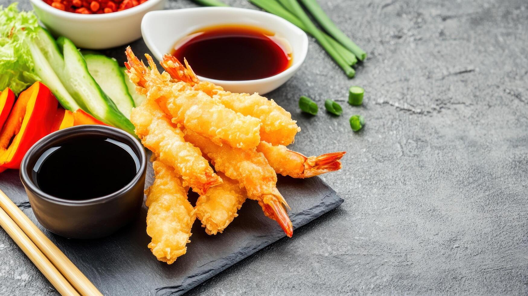 Golden Shrimp tempura on black slate with soy sauce and vegetable, for tasty seafood meal photo