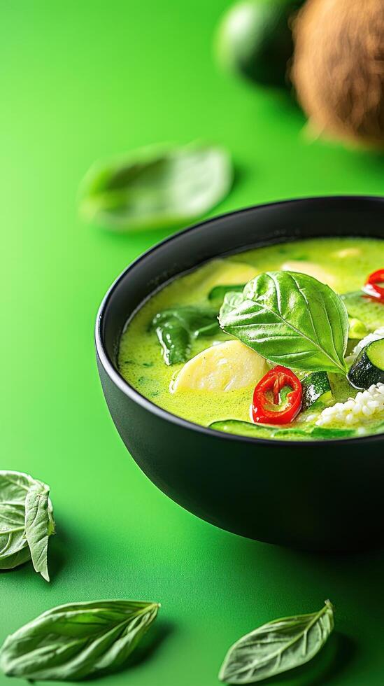 Green curry with basil served in bowl, on green background with fruits. Food photography photo