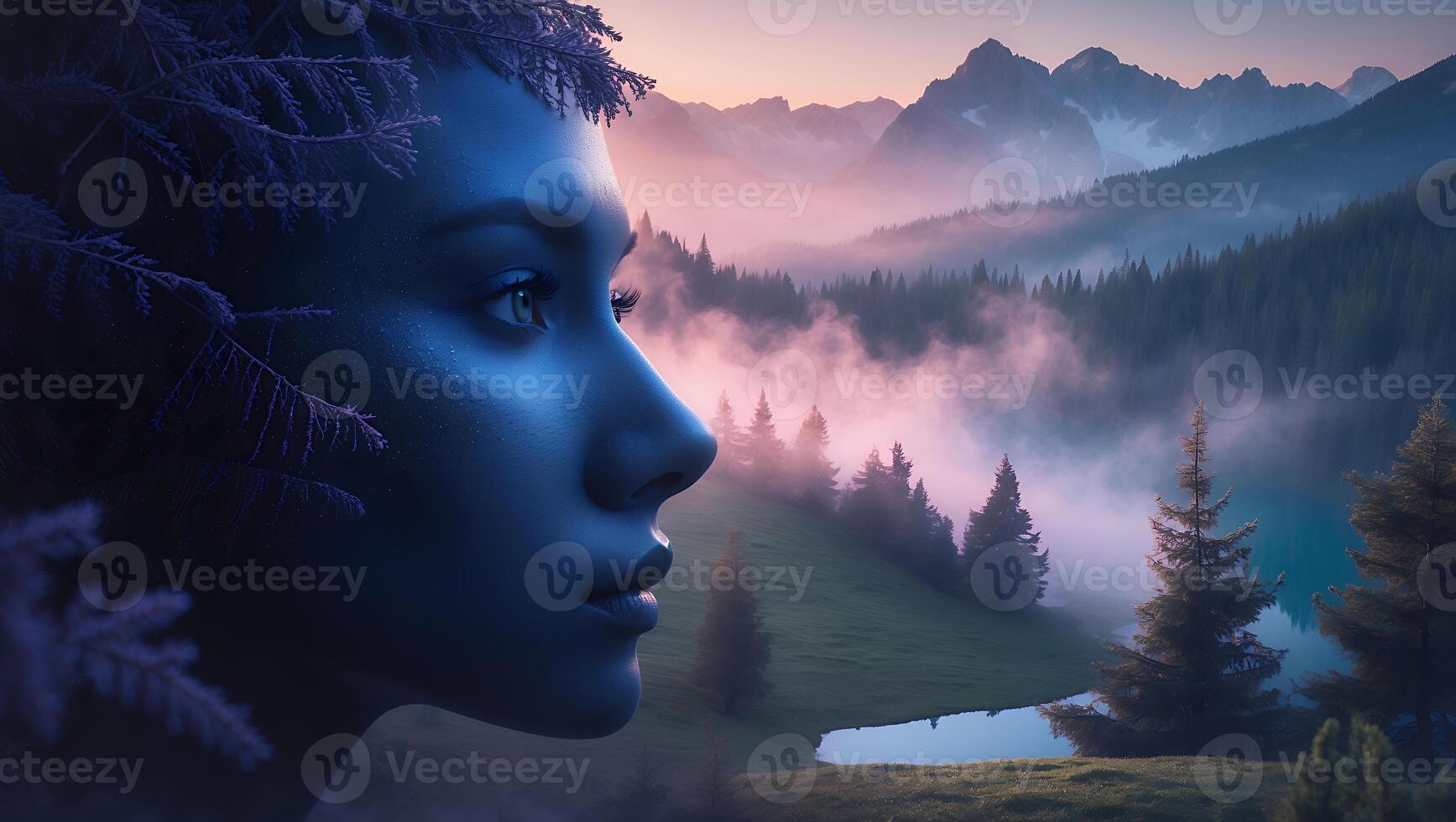 Woman Profile with Forest Background and Mountain View at Sunset photo