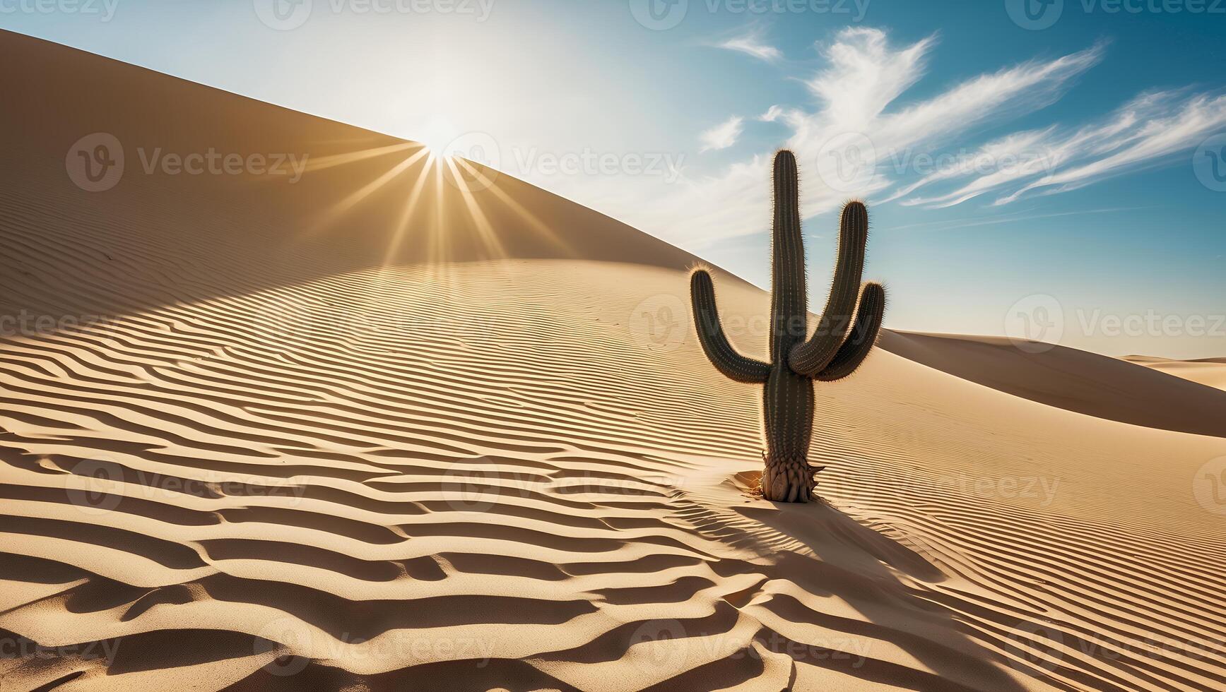 Cactus in Desert Landscape with Sand Dunes and Bright Sunlight photo
