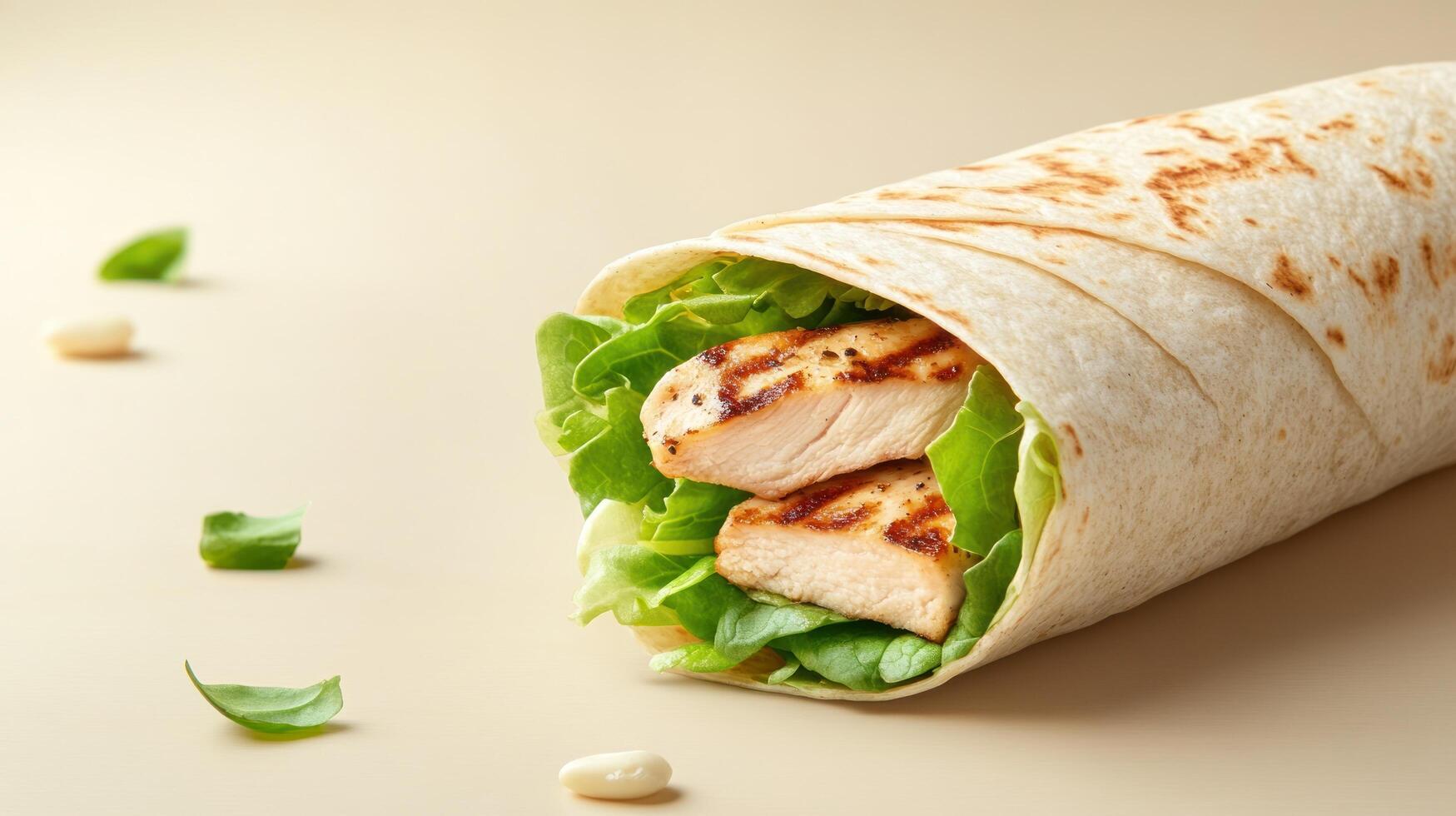 Grilled chicken salad wrap, healthy eating, light background. Food photography, menu idea photo