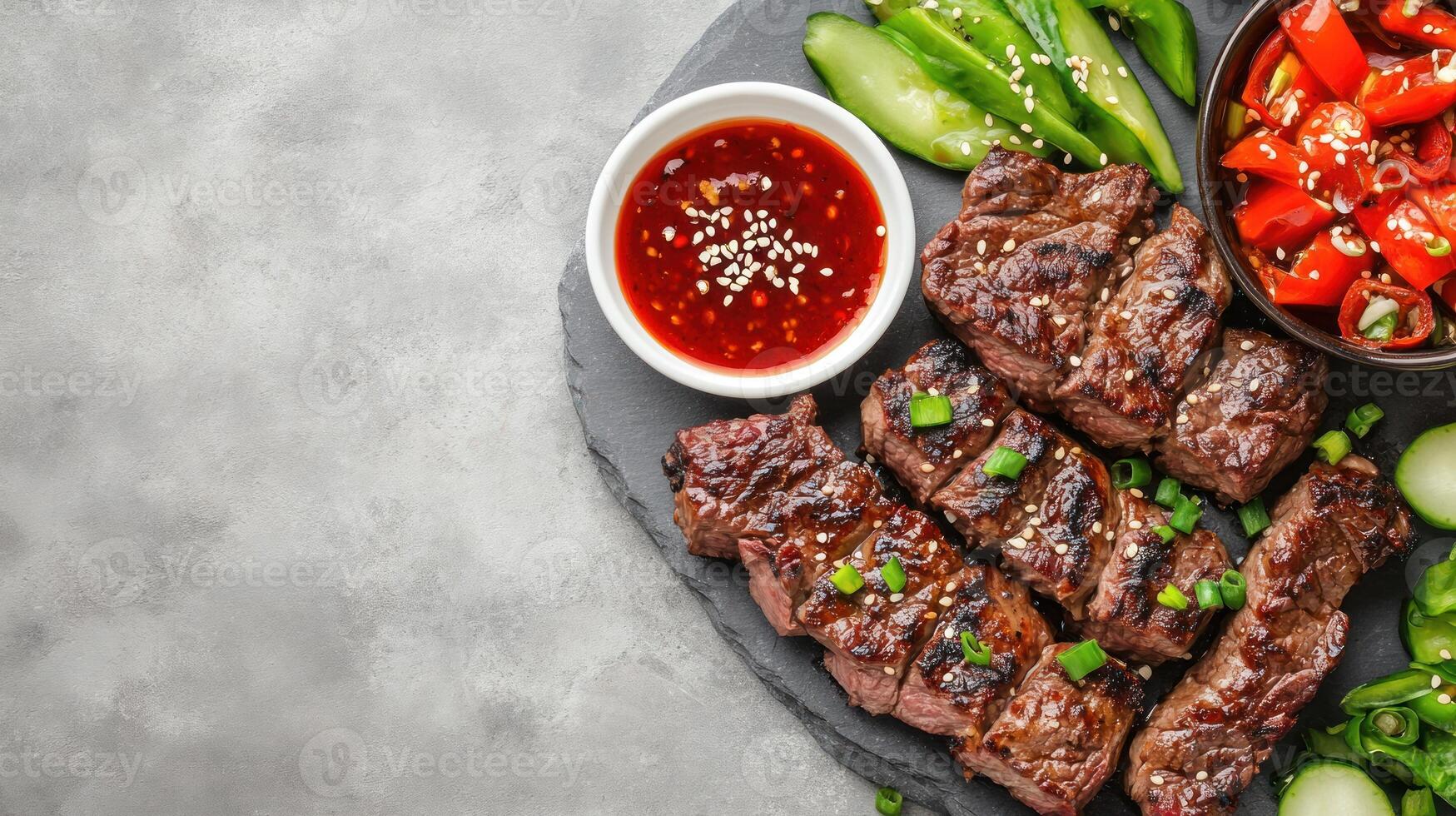 Grilled beef steak served with salad sauce on a slate board for a healthy meal preparation photo