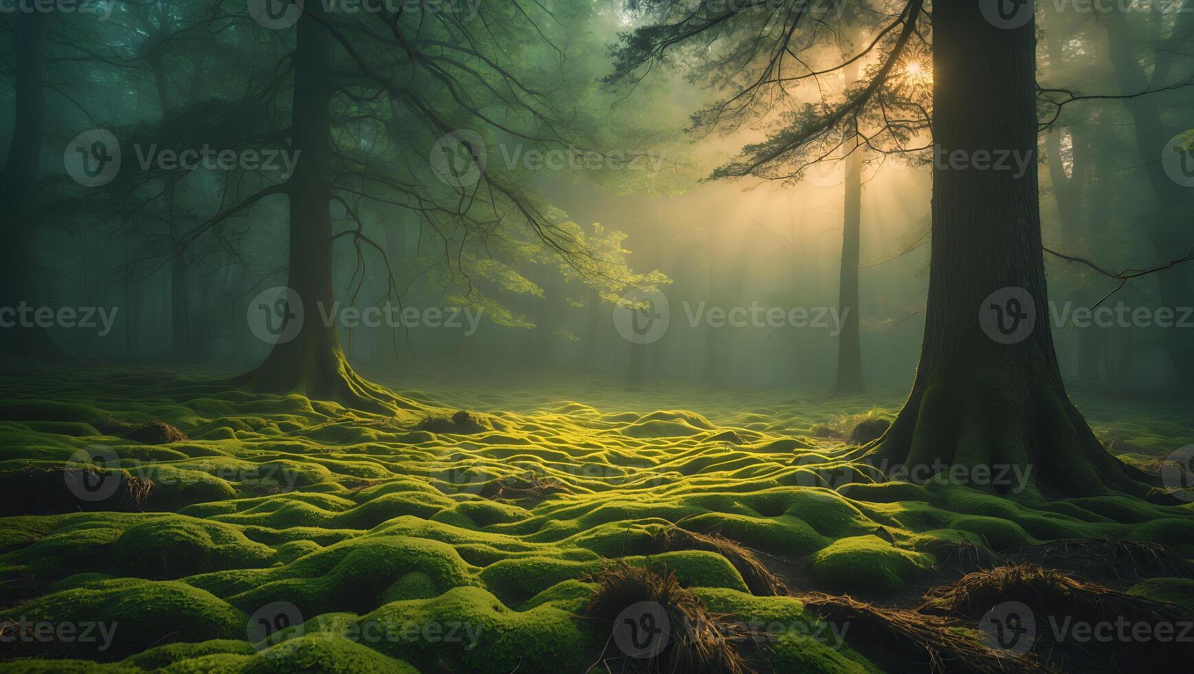 Walking Through a Foggy Forest with Sunlight Breaking Through Trees photo