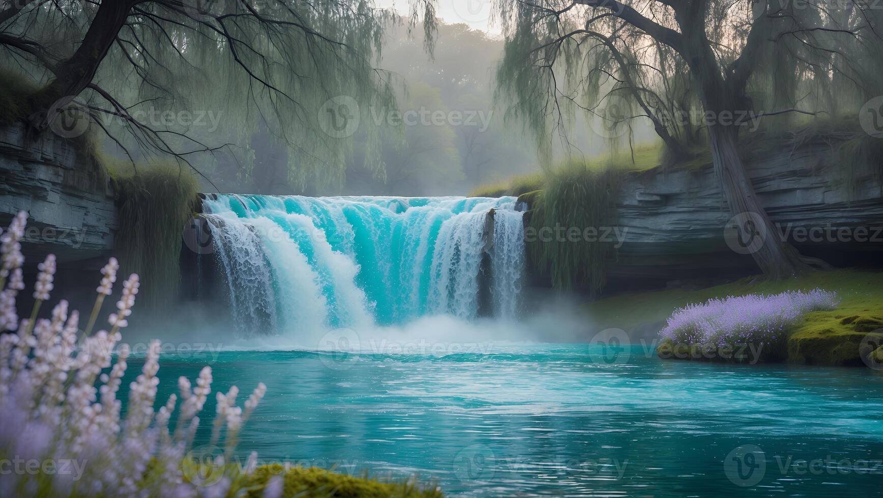 Cascading Waterfall Flowing Into Blue Pool with Lush Green Surroundings photo