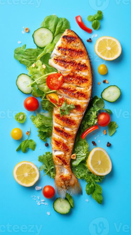 Grilled fish fillet with fresh vegetables. Meal preparation, nutrition concept photo