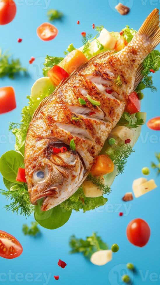 Grilled fish served on salad, with veggie pieces floating around for healthy eating campaign photo