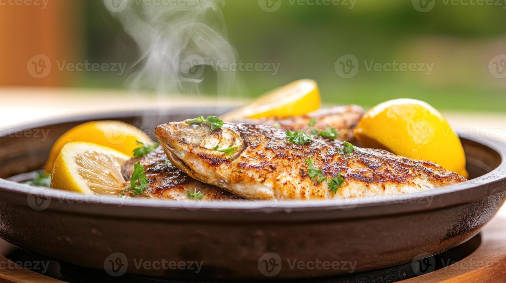 Grilled fish with lemon and herbs served in a bowl, steaming, with a green bokeh background photo