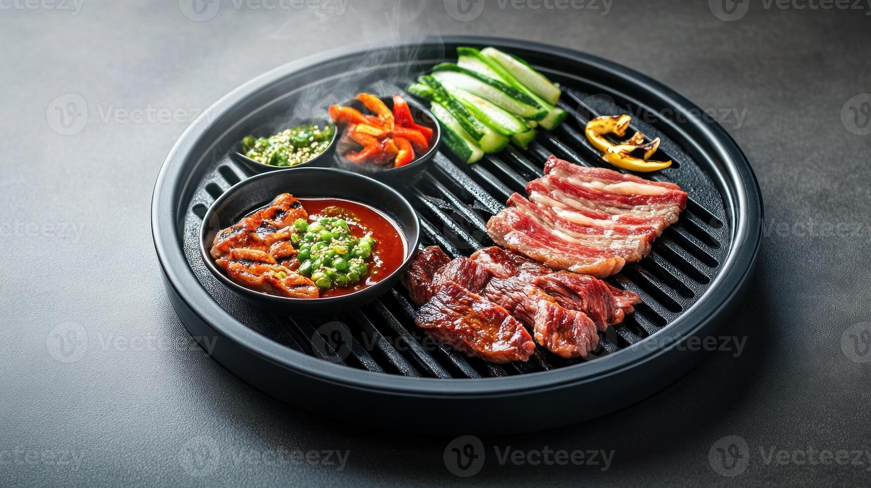 Grilled meat vegetables on circular grill plate with steam, ready for table cooking at a party photo
