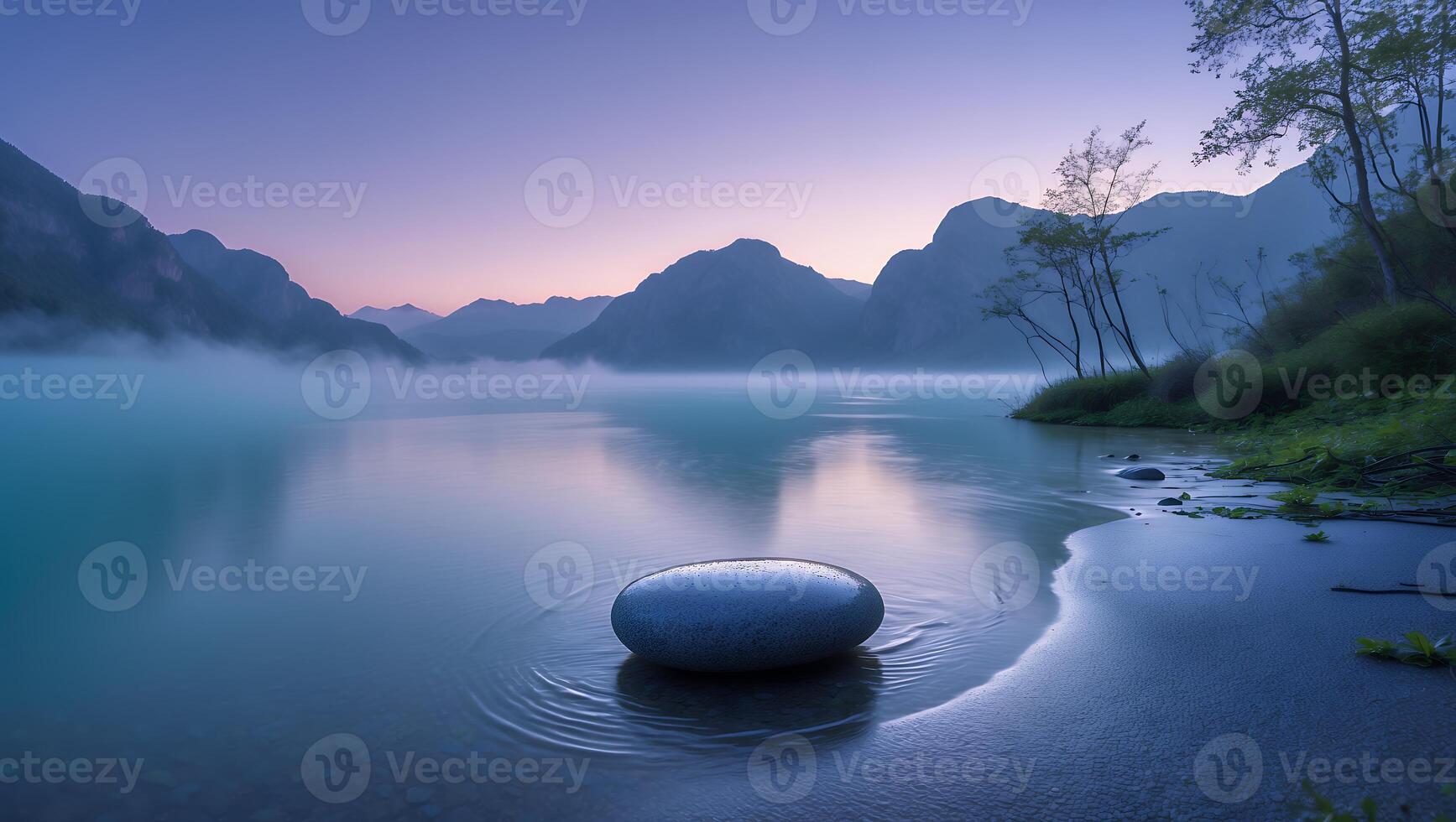 Calm Lake Stone at Dusk with Mountains and Light Mist photo