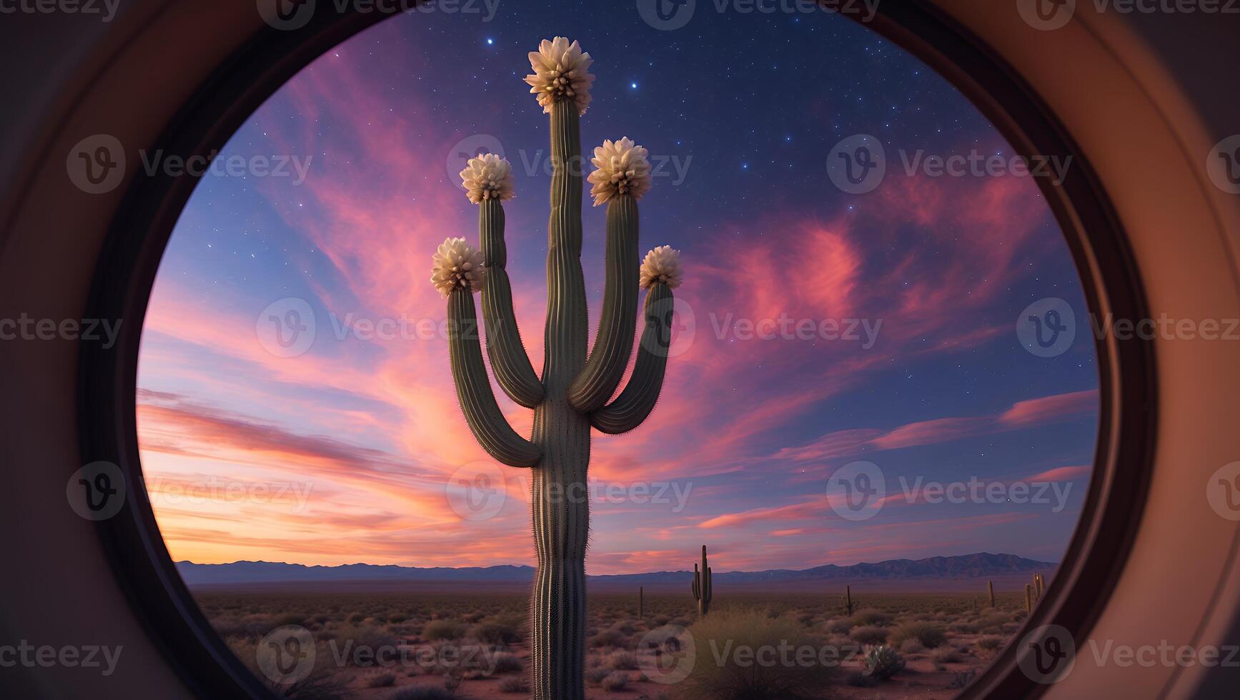 Desert Landscape with Saguaro Cactus at Sunset Through Circular Window photo