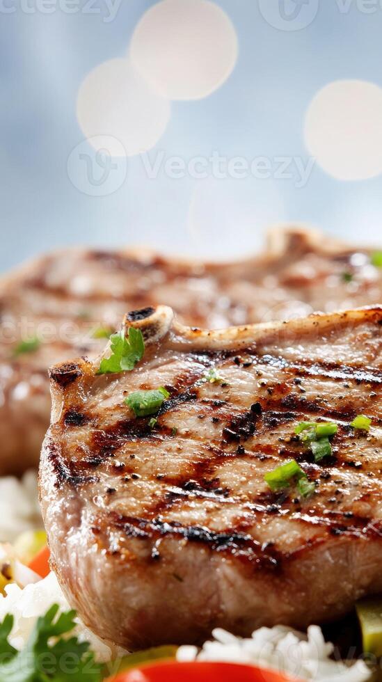 Grilled beef chop meal on white rice, with a blurred lights background, for food blogs photo