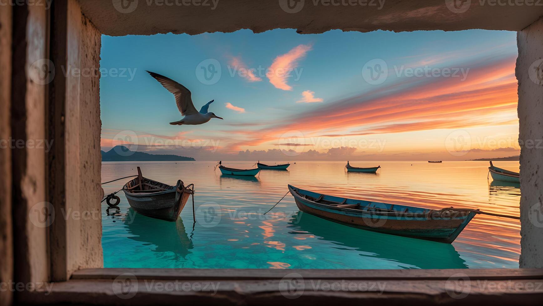 Window View of Boats on Calm Ocean with Bird at Sunset photo