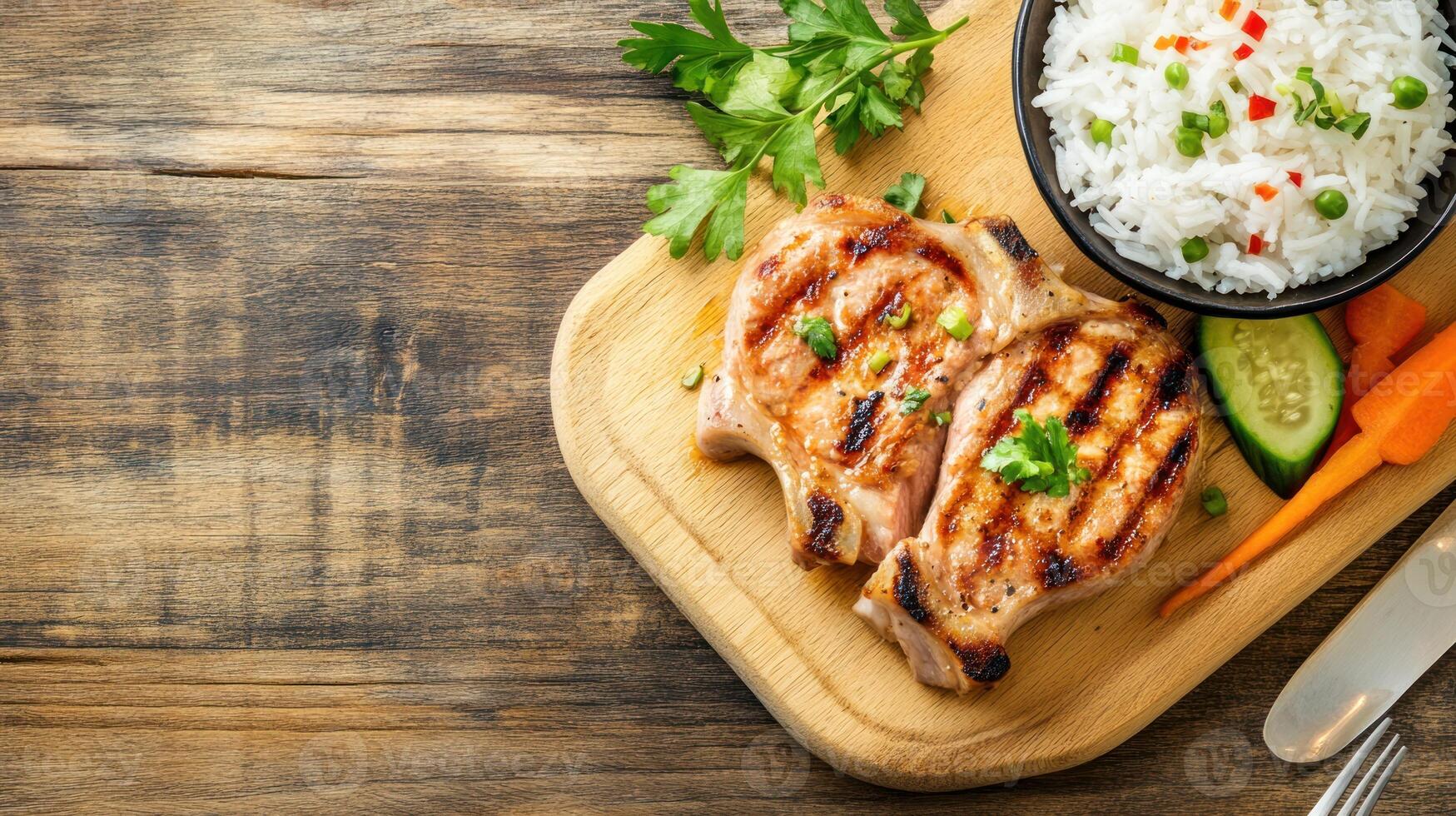 Grilled beef chop with rice, veggies on wood board. Background out of focus. Food blogging, menu photo