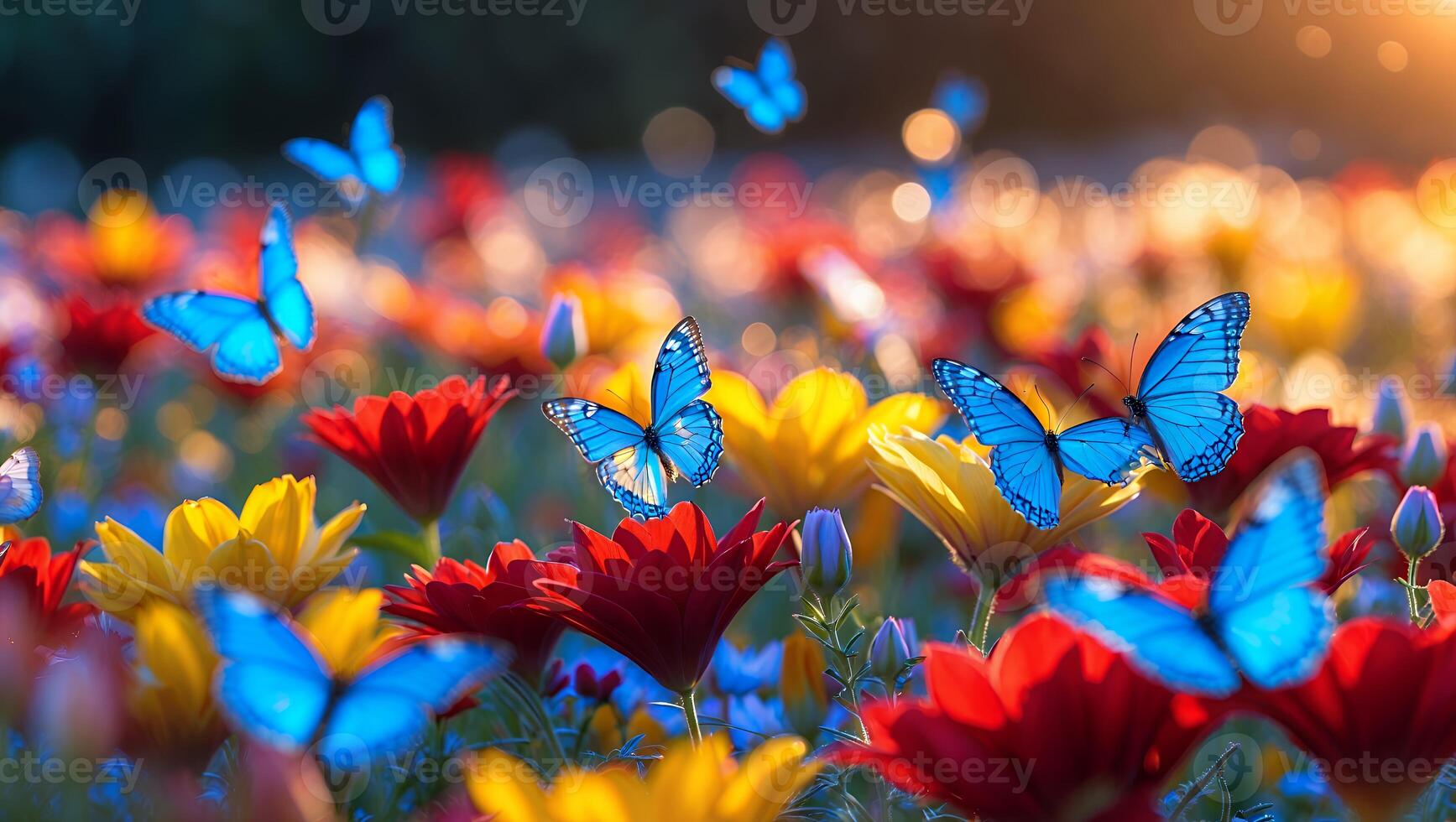 Butterflies Flying Over Colorful Flower Field at Sunset with Bokeh photo