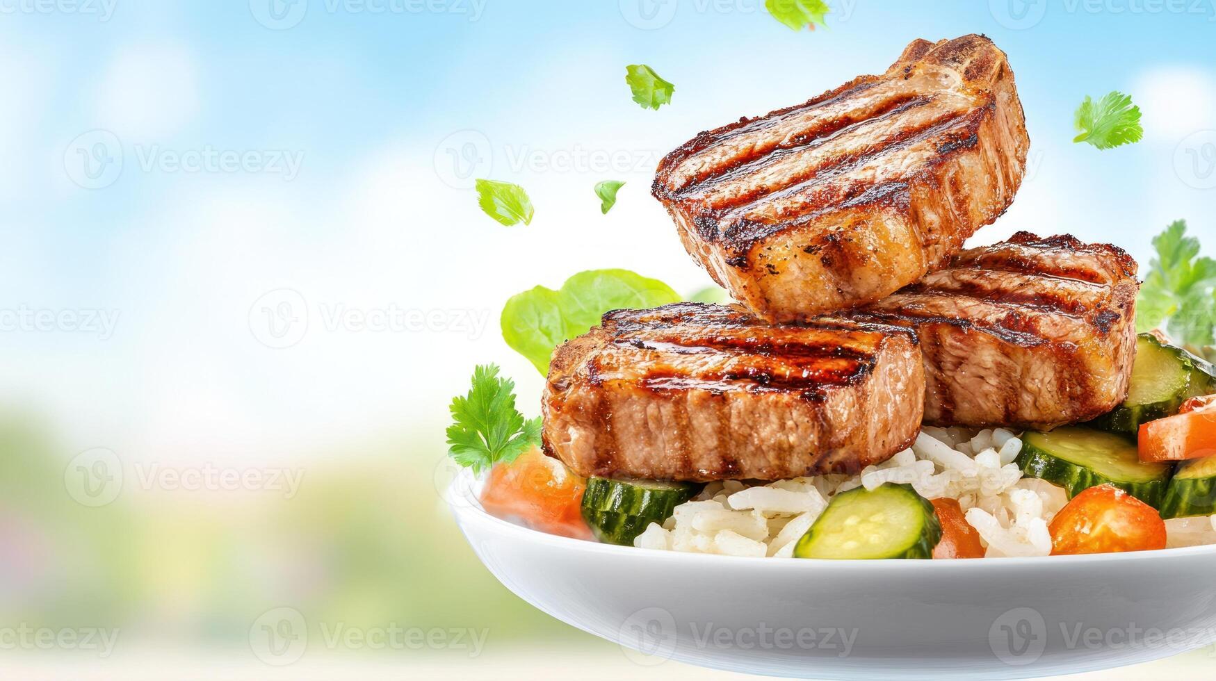 Grilled beef chops stack with rice, vegetables outdoor for balanced meal. Food blog, restaurant photo