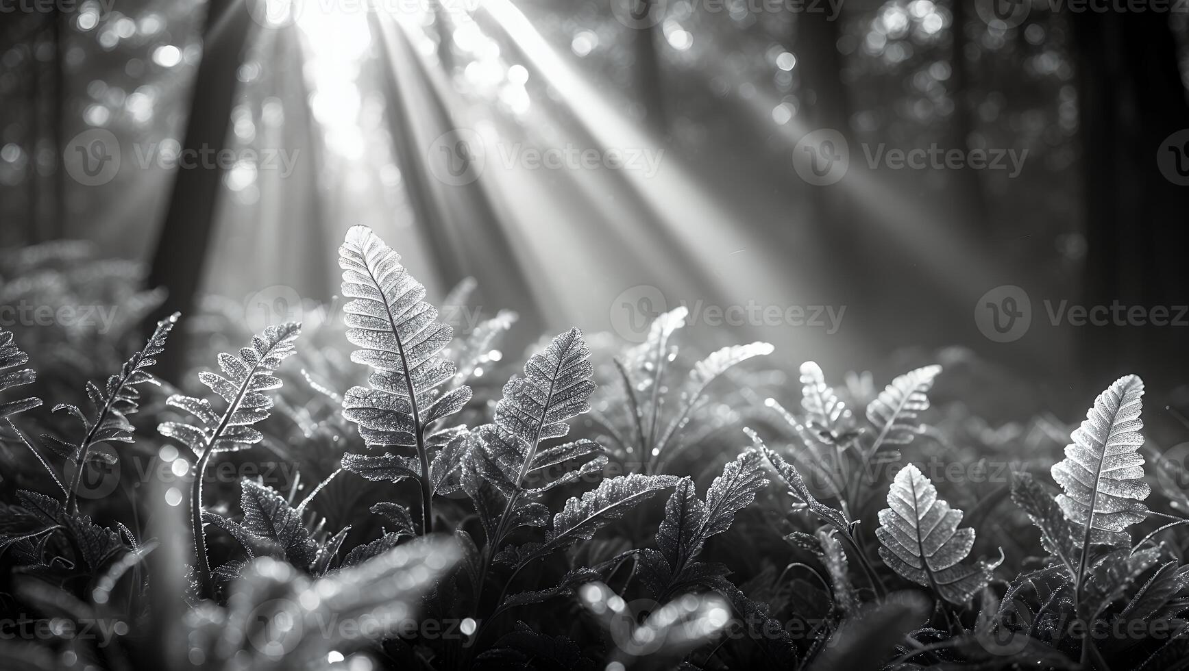 Sunlight Streaming Through Forest Canopy Illuminating Ferns in Monochrome photo