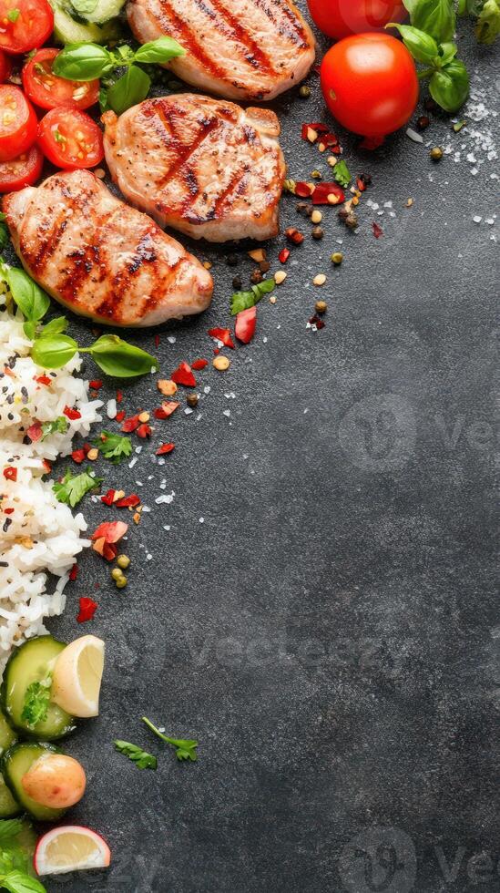 Grilled beef loin with fresh tomatoes and cucumber on stone surface for a healthy meal prep photo