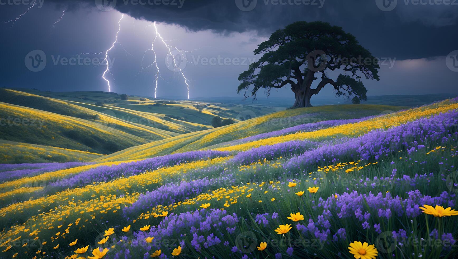 Striking Lightning Over Flower Field and Tree Landscape photo