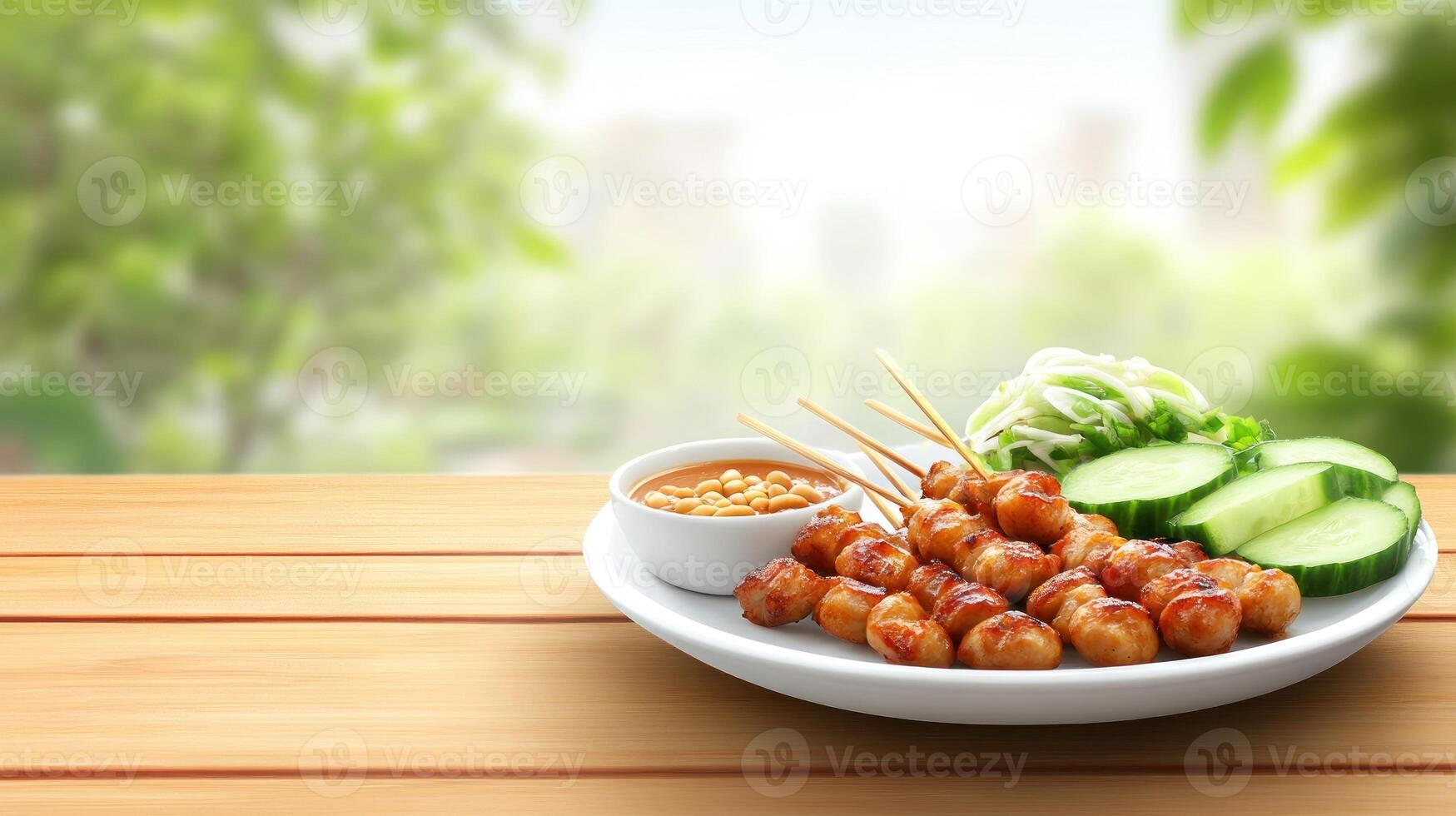 Grilled sausage skewers on plate, with sauce, cucumber cabbage, bokeh garden background for menu photo