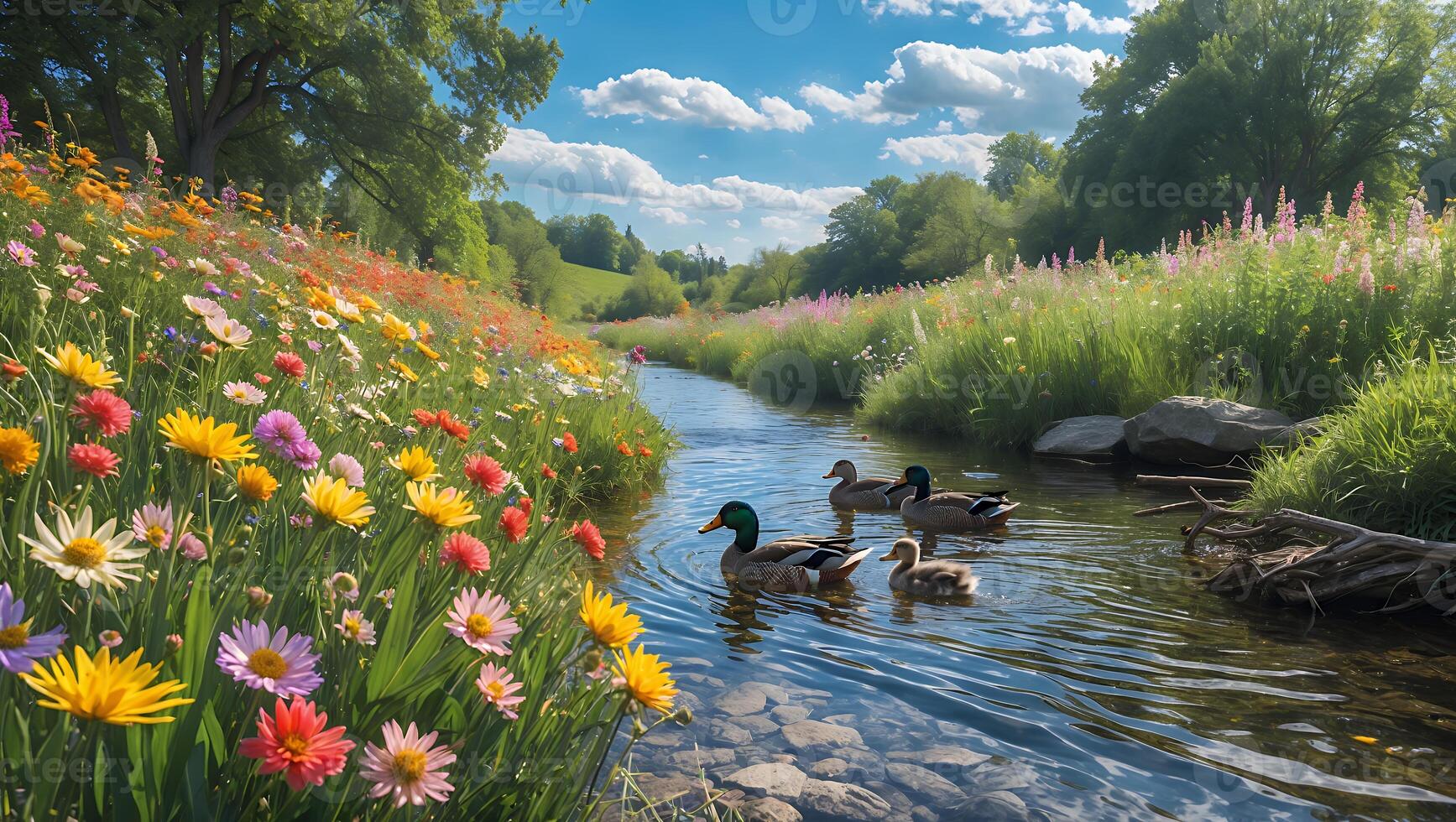 Ducks Swimming Down Stream in Meadow with Flowers on Sunny Day photo