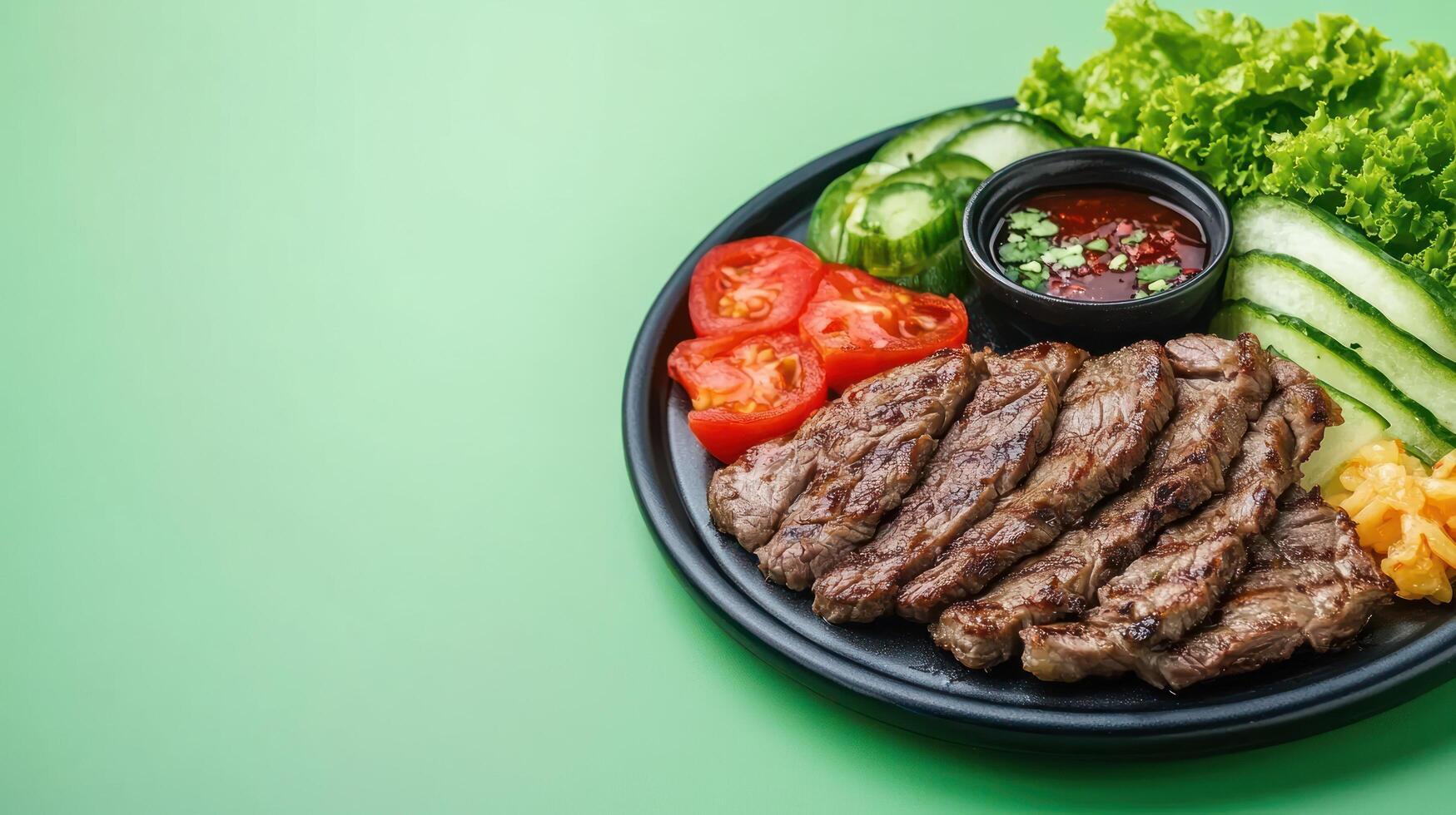 Grilled steak on a plate served with salad and sauce for healthy meal photo