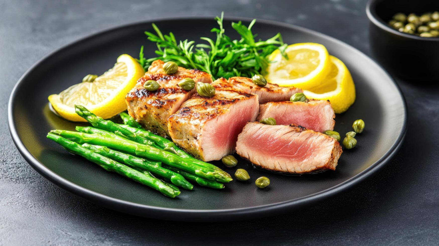 Grilled tuna steak served with lemon and asparagus. Restaurant menu or recipe concept photo