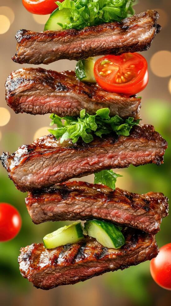 Grilled steak slices levitate with veggies against bokeh background recipe demonstration photo