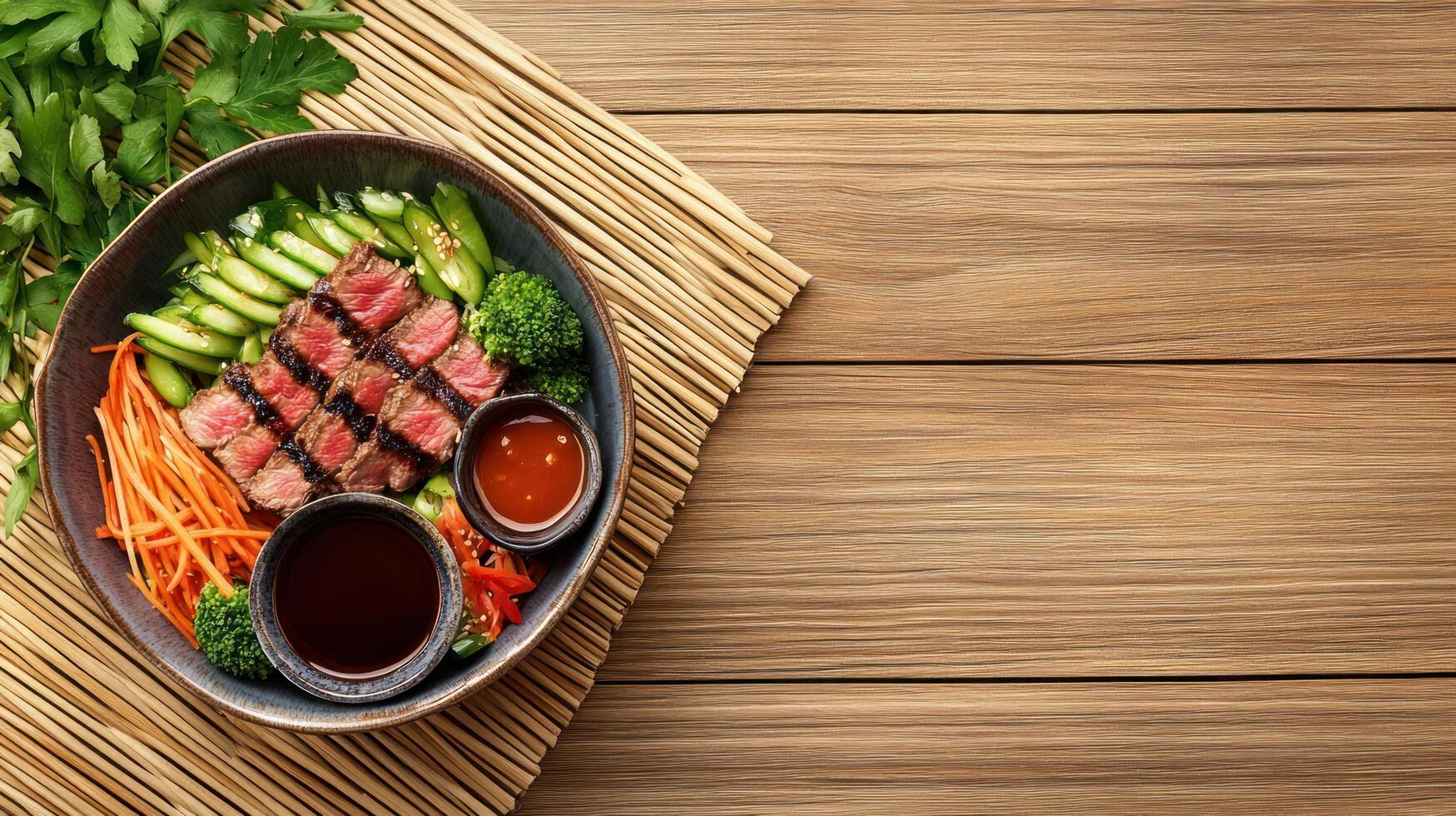 Grilled steak with fresh veggies and sauce. Healthy balanced meal for lunch on wooden table photo