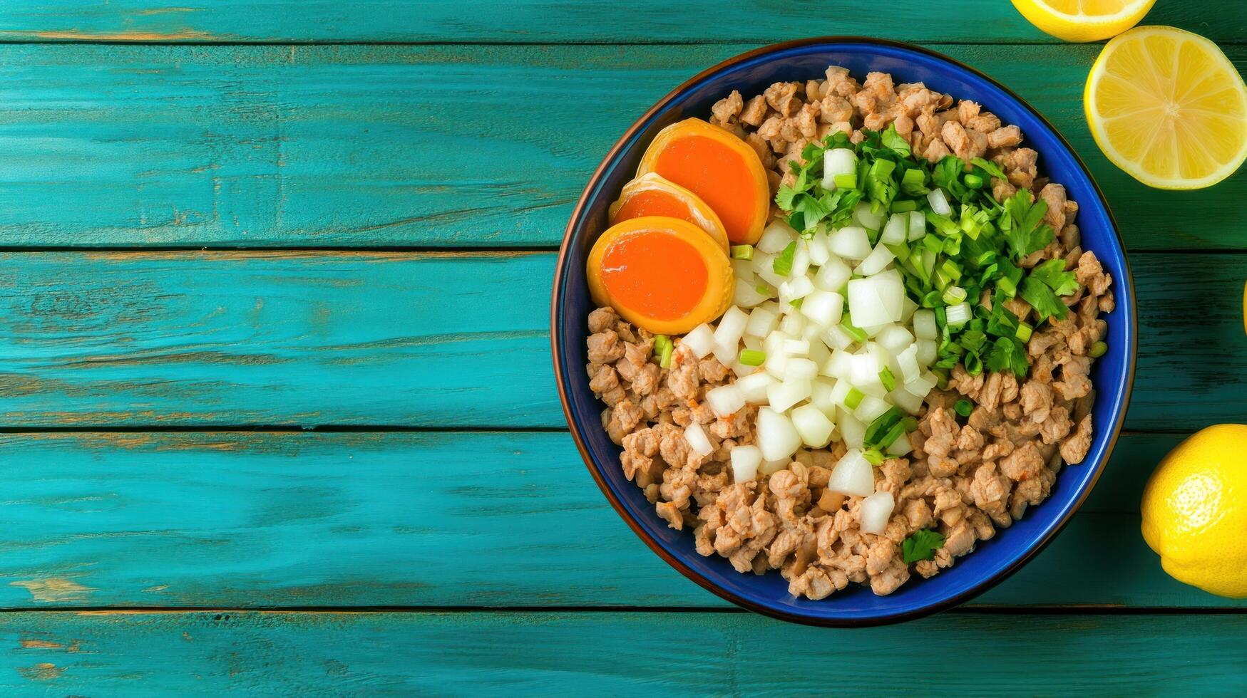 Ground meat bowl with onion, scallions, marinated egg. Vibrant rustic tabletop background photo