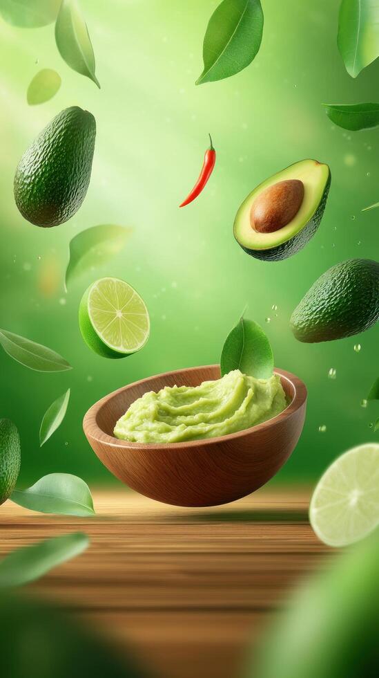 Guacamole bowl with lime, avocado and chili peppers falling in a bright green gradient background photo