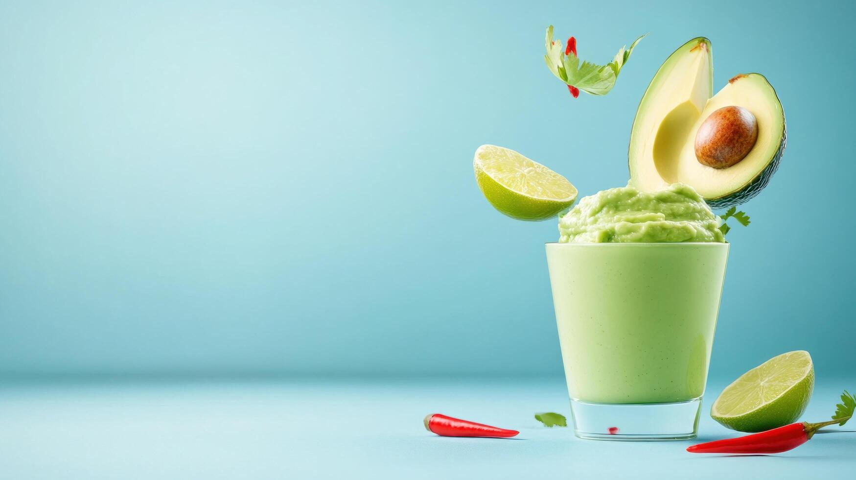 Guacamole in glass w lime, avocado chili floating above. Recipe background for nutrition ads photo