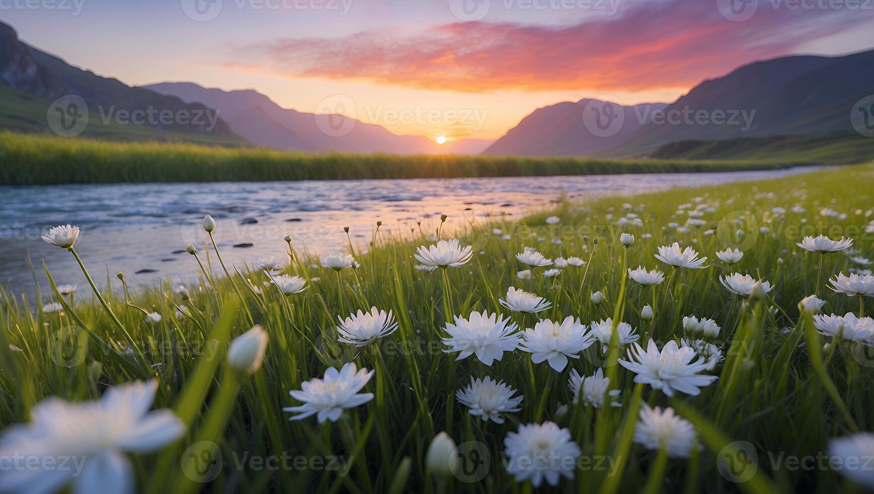 Scenic River Flowing Through Mountain Valley Meadow at Colorful Sunset photo