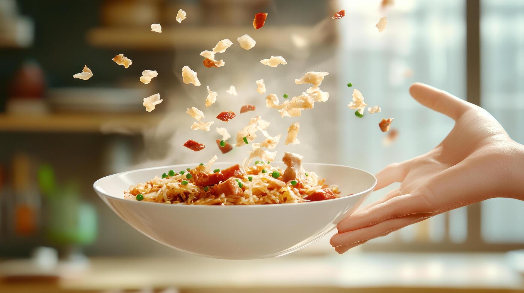 Hand serving rice with meat on kitchen table. Food falling. Dinner preparation at home photo
