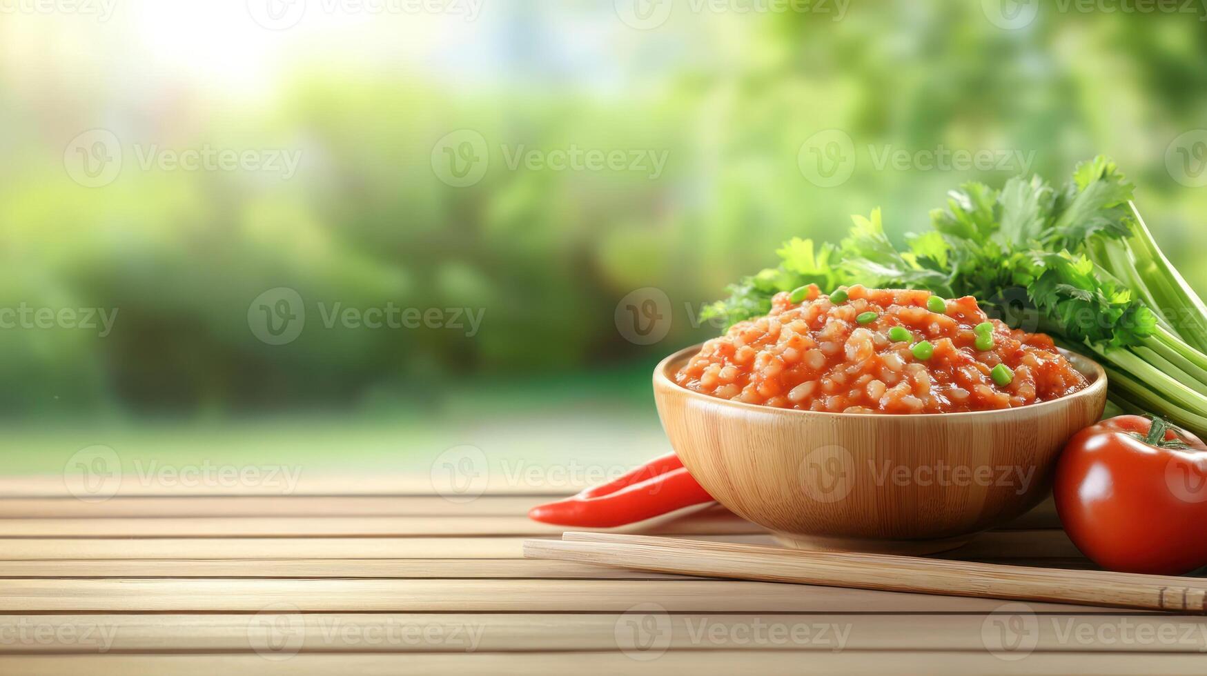 Healthy bulgur meal in a bowl on a table in nature for nutrition, cooking photo
