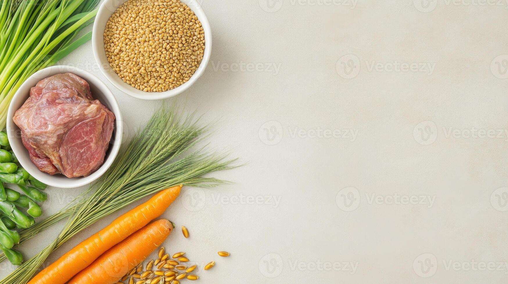 Healthy meal ingredients meat, wheat, vegetables on a plain background. Diet ad photo