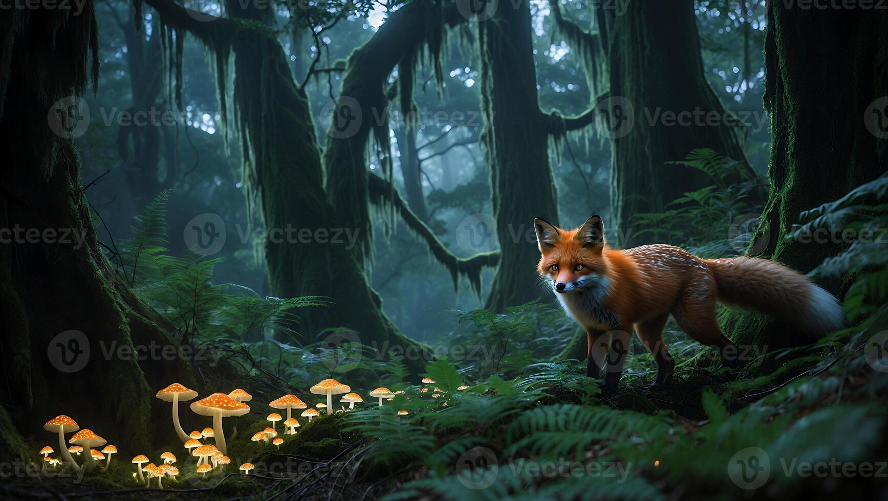 Fox Standing in Mystical Forest with Glowing Mushrooms and Ferns photo
