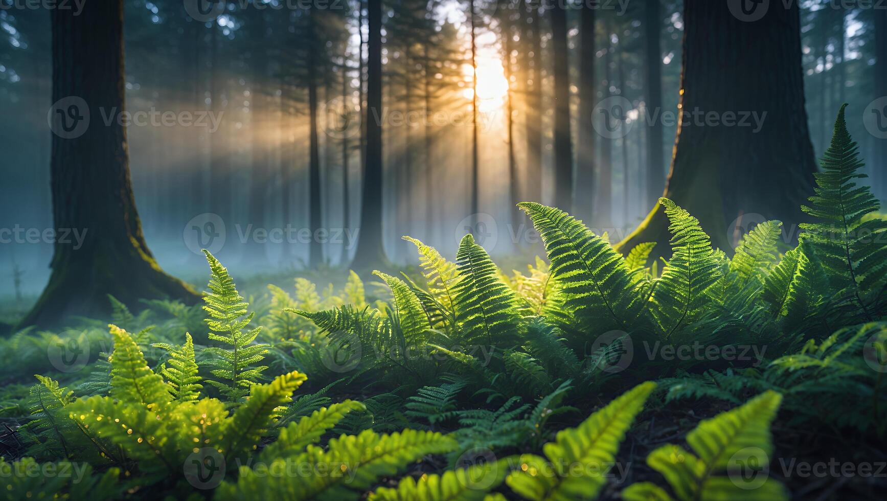 Ferns Growing in Forest with Sunlight Streaming Through Trees photo