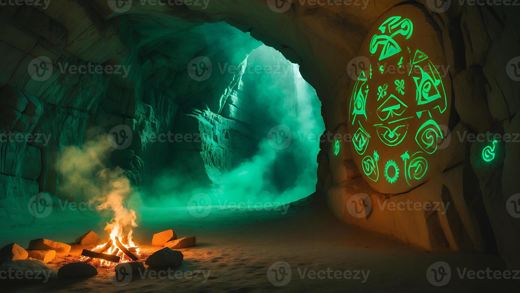 Campfire Burning Inside Cave with Glowing Symbols and Mist photo
