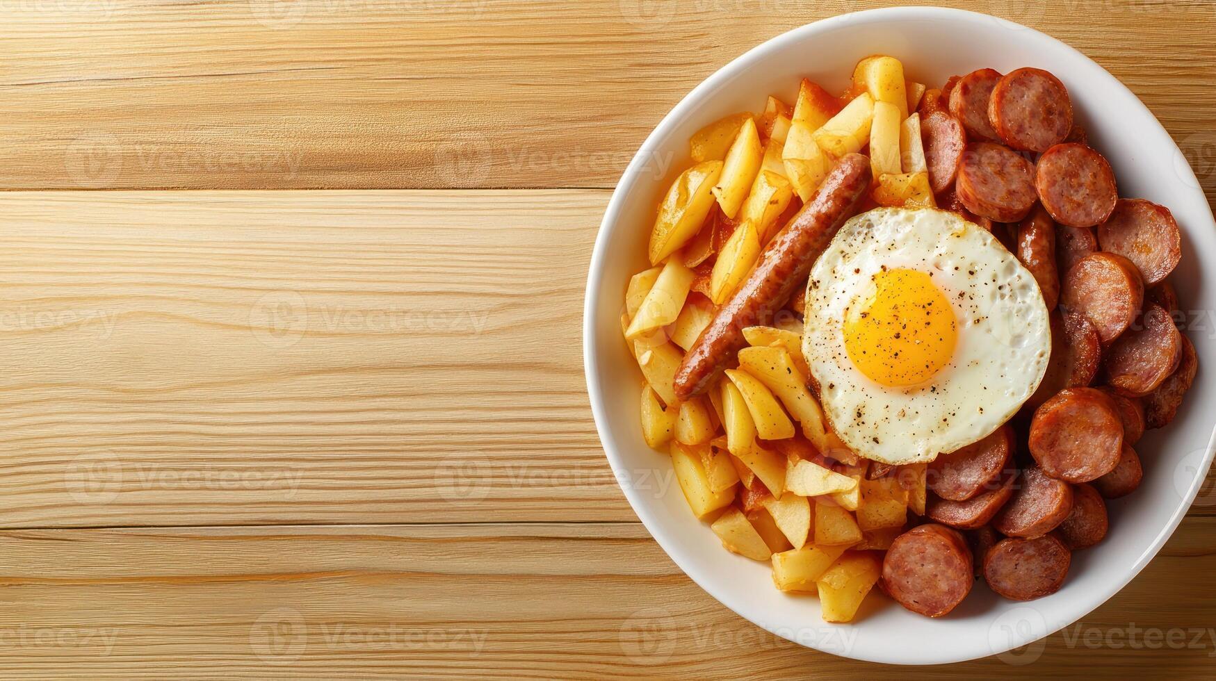 Hearty breakfast bowl on wood Fried egg, sausage, potatoes, and onions on plate. Possible food stock photo
