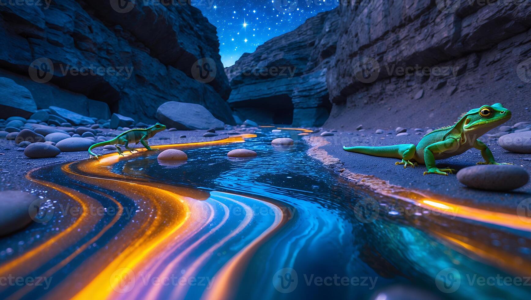 Lizard Exploring a Glowing Stream in a Rocky Canyon at Night photo