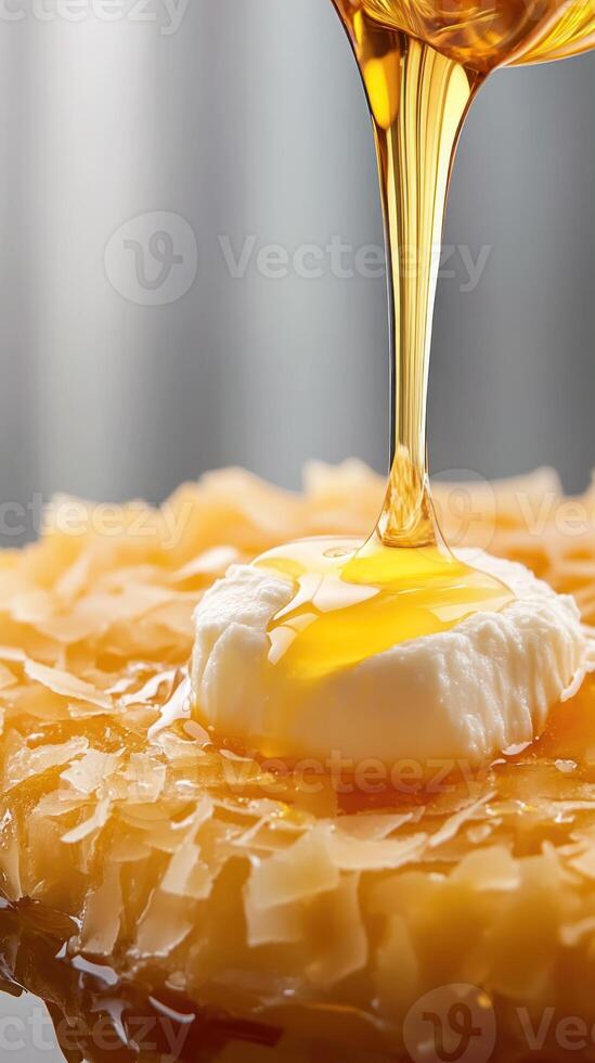 Honey being drizzled on soft cheese atop honeycomb. Food photography, product shot for recipes photo
