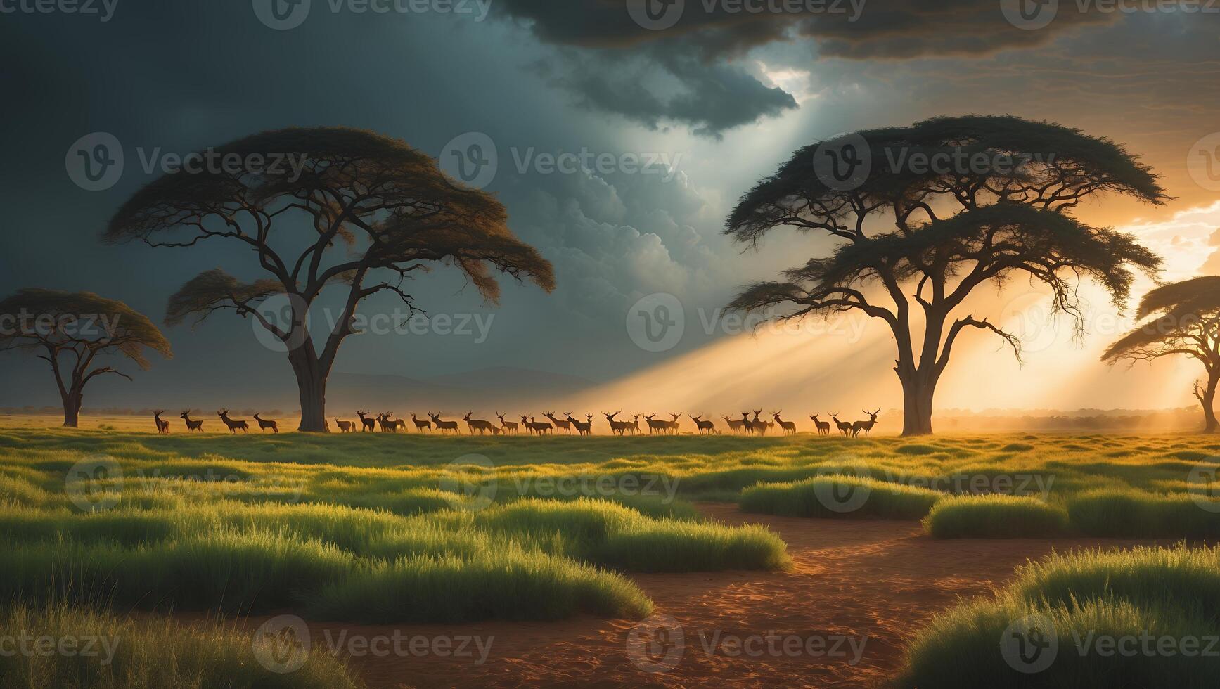 Herd Migrating Across African Savannah at Sunset with Dramatic Sky photo
