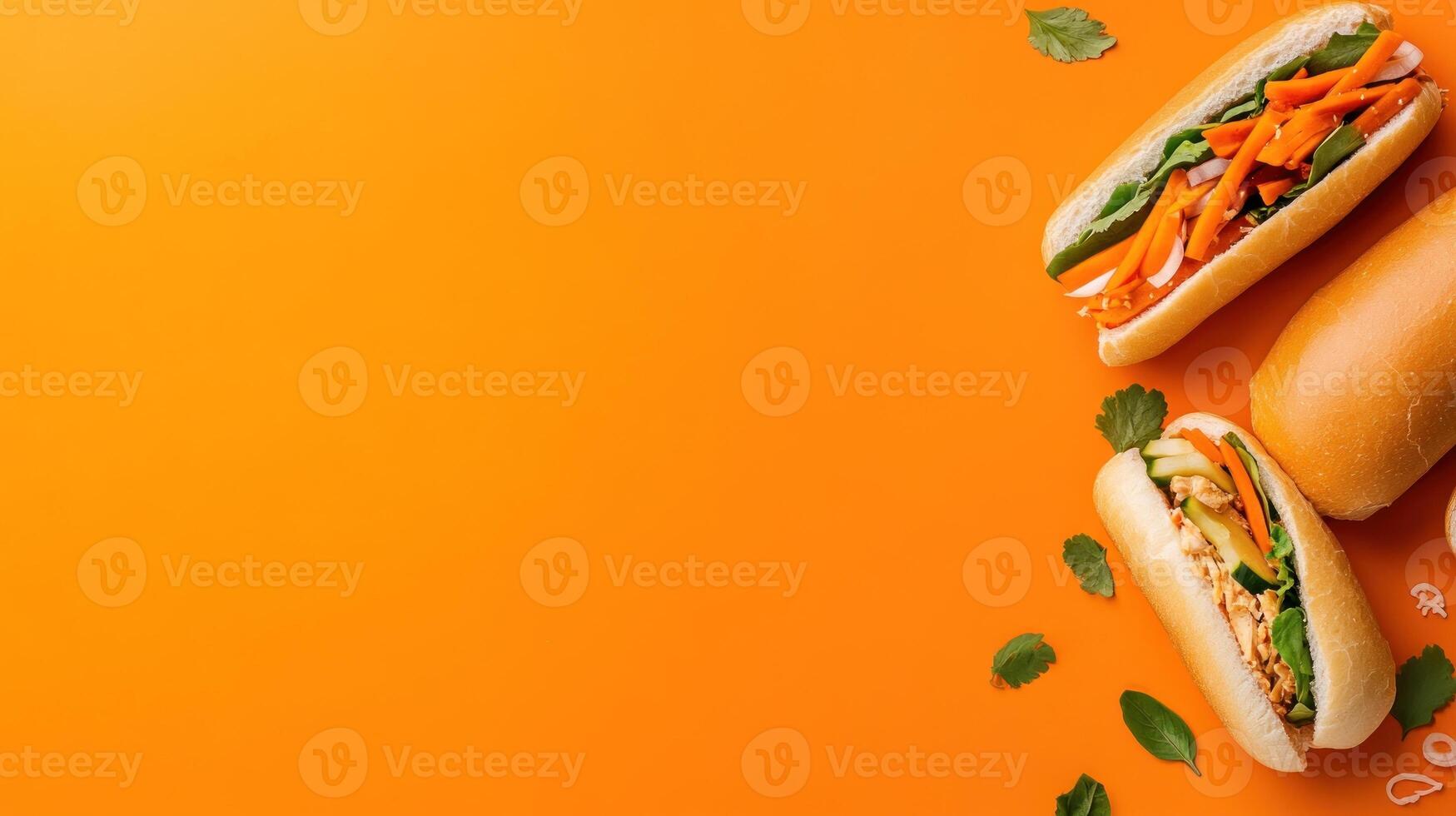 Hot dogs with colorful fresh vegetables greens displayed on vibrant orange background for product display photo