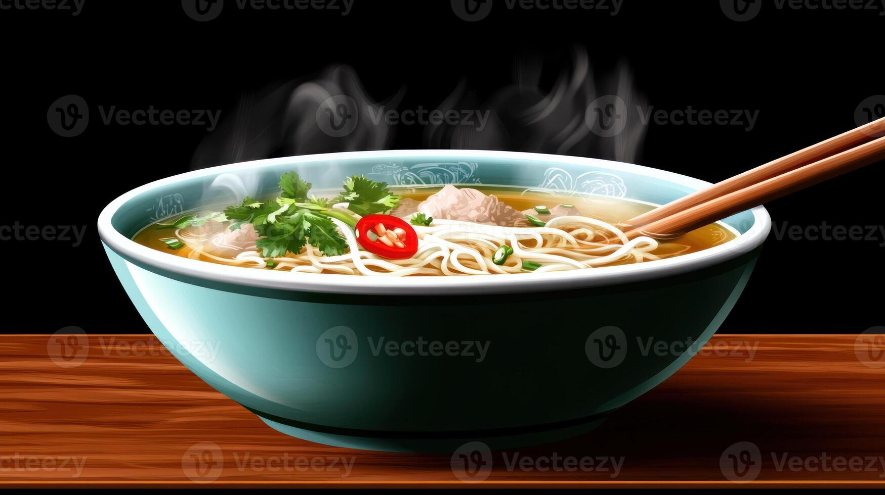 Hot noodle soup with chopsticks served on a wooden table with black background for menus and recipes photo