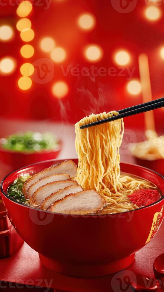 Hot ramen lifted with chopsticks, delicious meal on red background. Asian cuisine photo