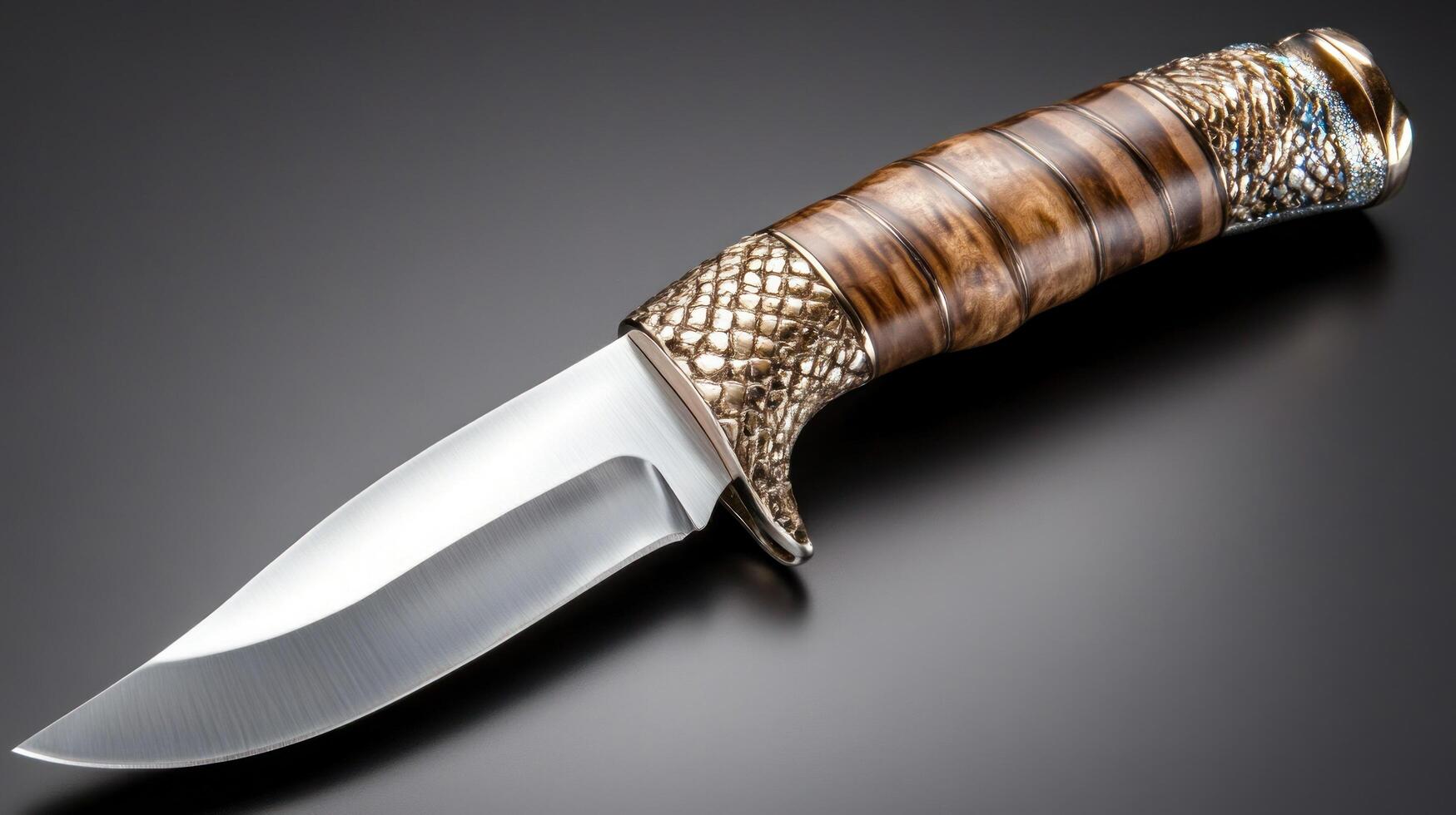 Hunting knife close-up showing detail of exotic scales, wood handle on black for sale or background use photo
