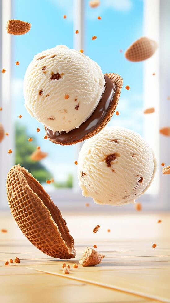 Ice cream scoops falling on a waffle cone, floating near a window, making a sweet dessert photo