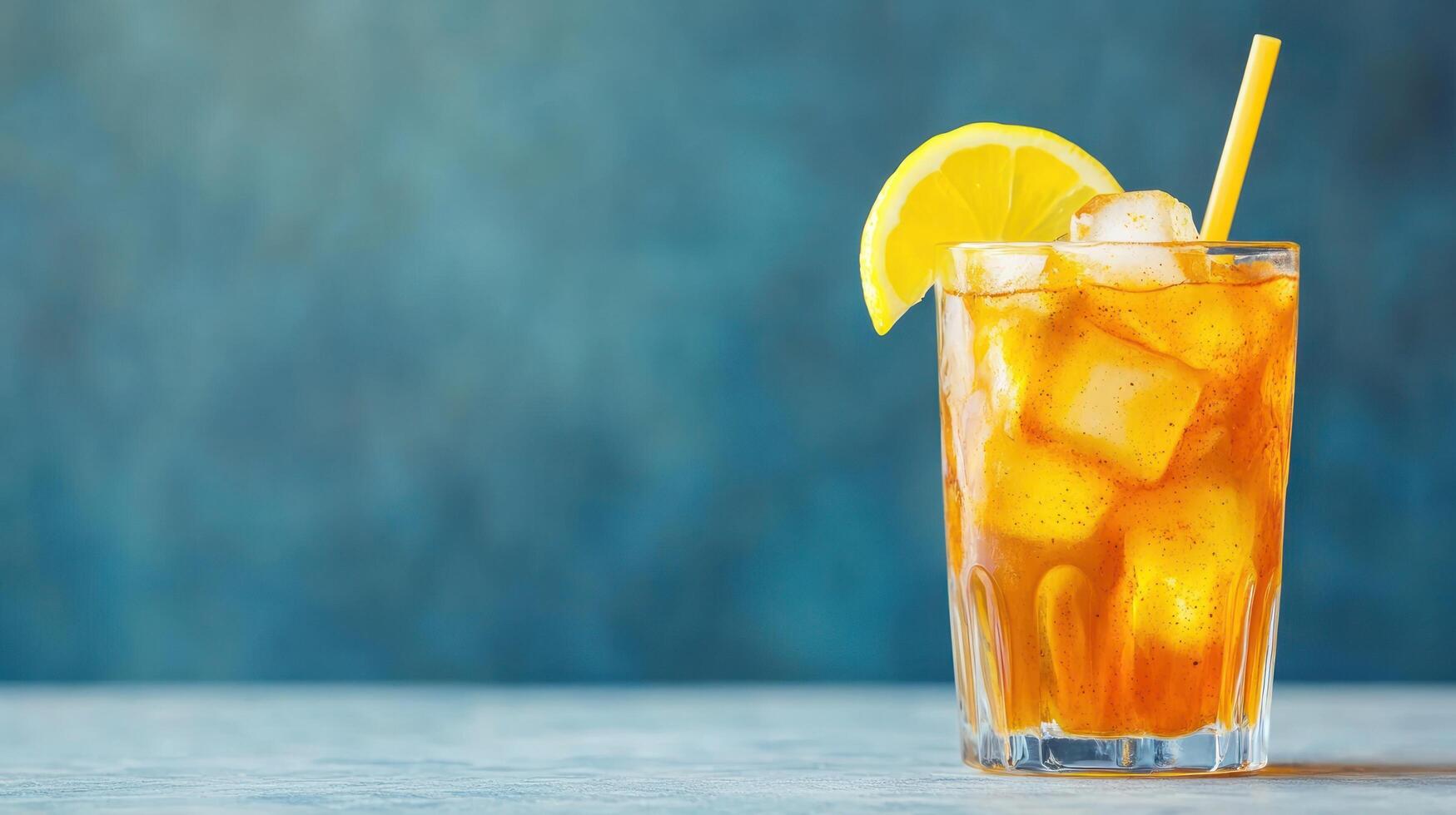 Iced tea drink with lemon and straw on table against blue textured background. Summer beverage photo