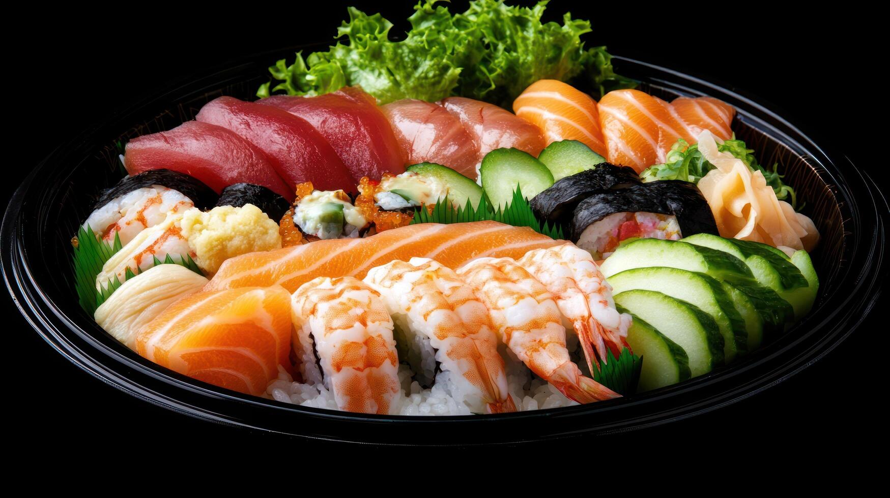 Japanese sushi platter close-up, delicious set with fish, rice, and vegetables on black for menu promo photo