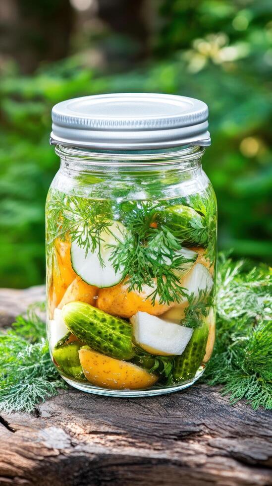 Jar of pickled vegetables on wooden surface with green foliage. Possible cookbook image photo
